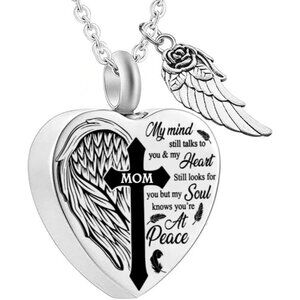 Heart Urn Necklace for Ashes - Cremation Jewelry with Angel Wings, 20 Inch Stain